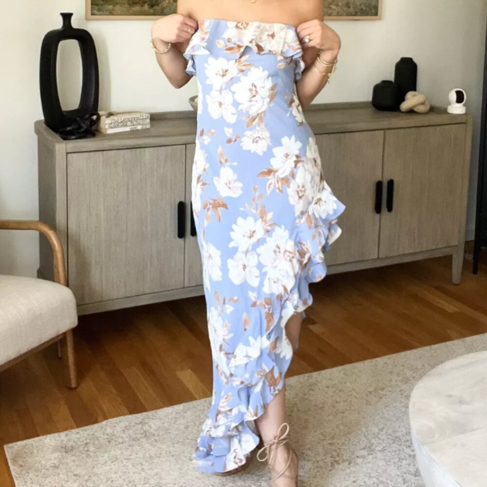 NWT sz Small Abercrombie Strapless Asymmetrical Ruffle High-Low Maxi Dress